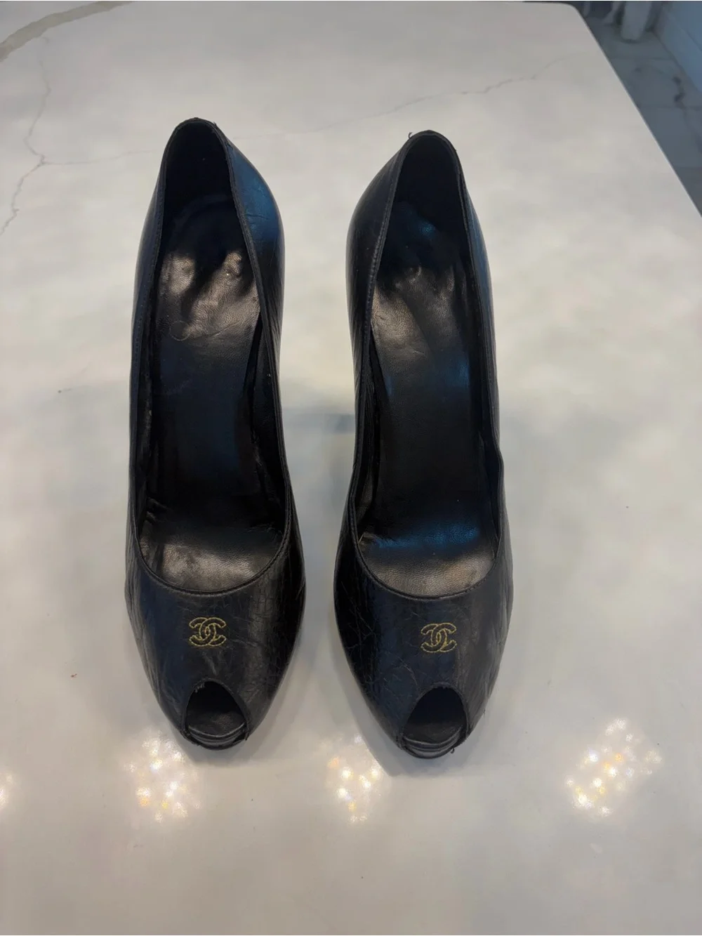 CHANEL Black Leather Peep-Toe Pumps with Gold CC Accent - Picture 1 of 8